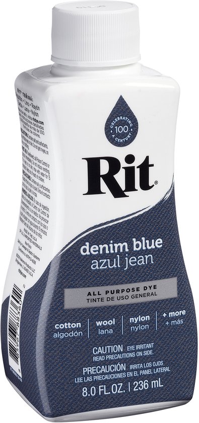 Fles Rit Denim Blue (denimblauw) met een denimtextuur op het label, met de tekst 'All Purpose Dye'.