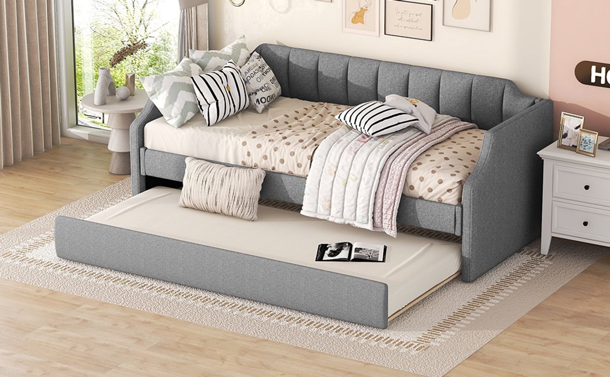 MIVRAY Daybed 90 X 200 Cm - Gestoffeerd Eenpersoonsbed Met Uitschuifbed Op Wielen - Voor Logeerkamer En Woonkamer - Katoenlinnen Grijs