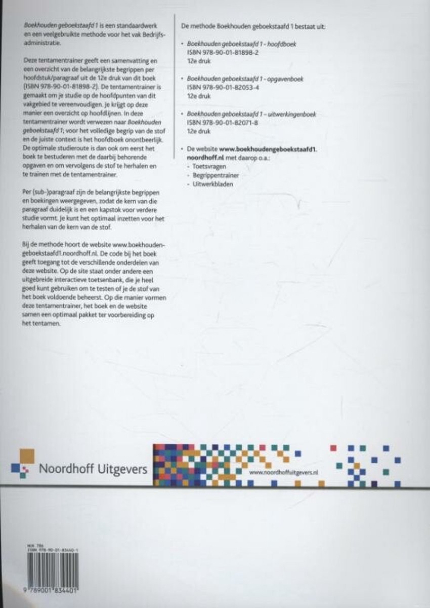 Achterkant boek "Boekhouden geboekstaafd 1", ISBNs en website www.boekhoudengeboekstaafd1.noordhoff.nl, Noordhoff Uitgevers.