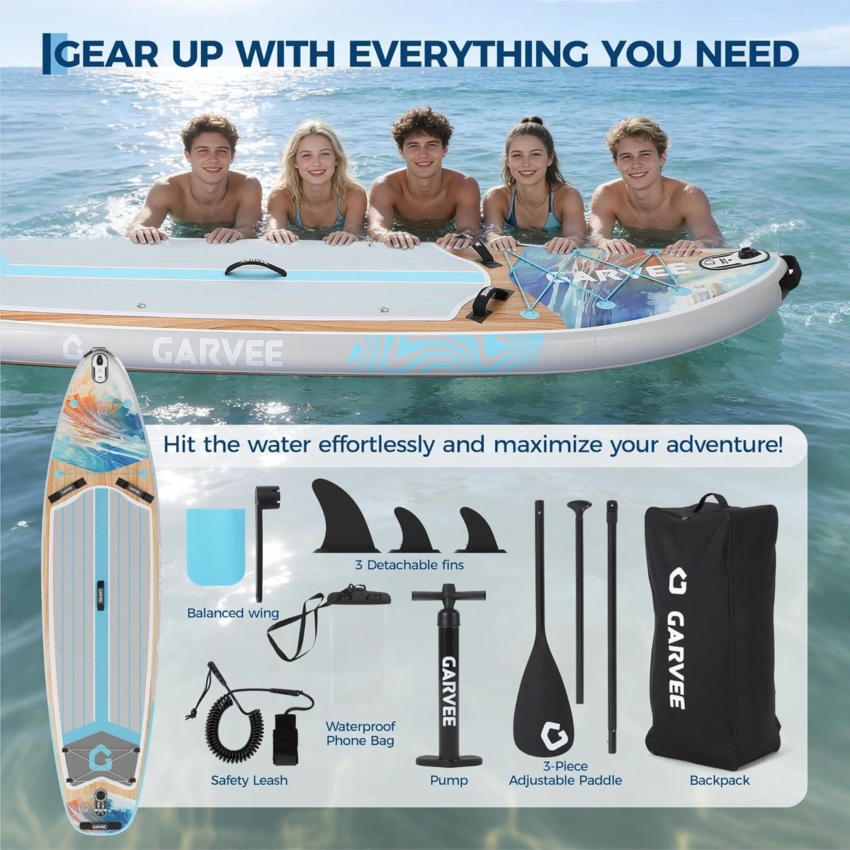Luxe Opblaasbaar SUP Board - Houtlook Design - 200kg Draagvermogen - Extra Stabiel Stand Up Paddle Board - 2 Personen - 335×86×15 cm - Complete Set met Pomp, Peddel & Rugzak – foto 7