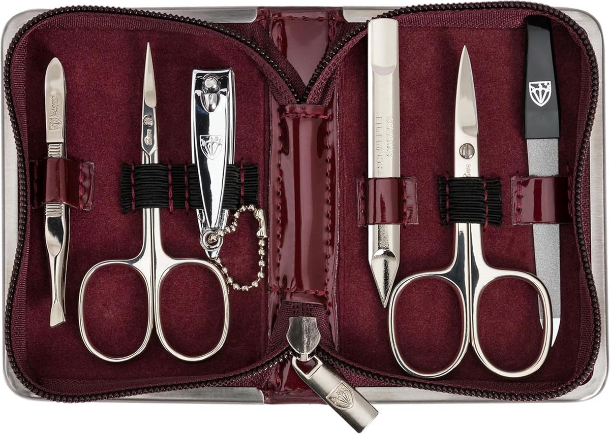 6-delige manicure set met accessoires in wijnrood kunstleer etui
