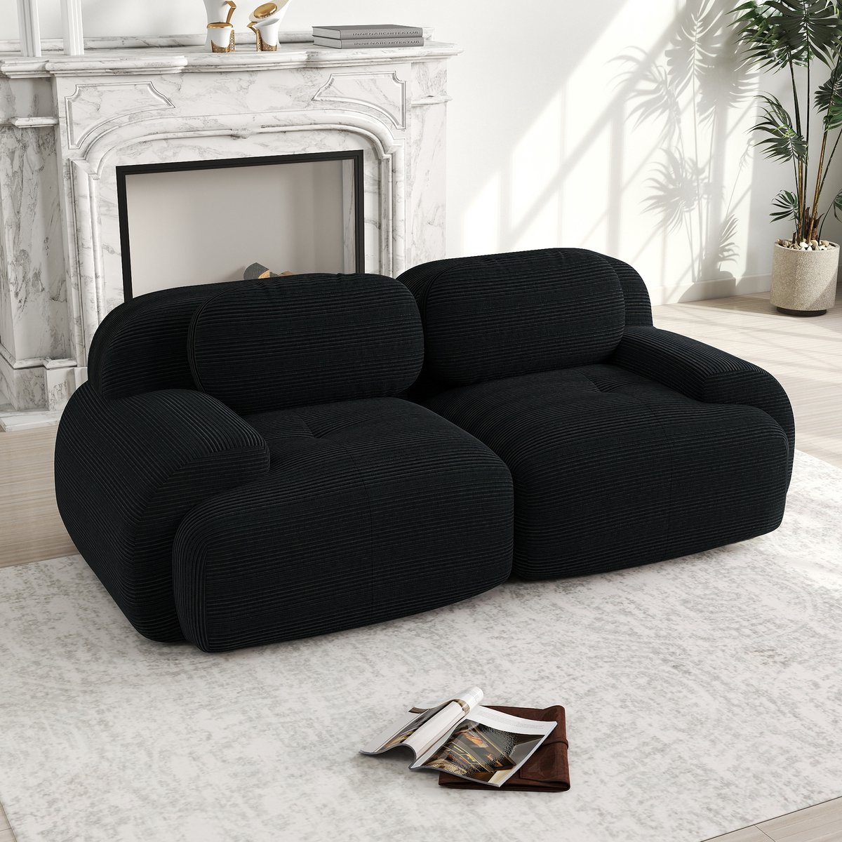 HAUSS SPOLE Hoekbank 208 Cm - Modulair Combineerbaar - Gebogen Armleuningen - Antislip Onderzijde - Corduroy Zwart