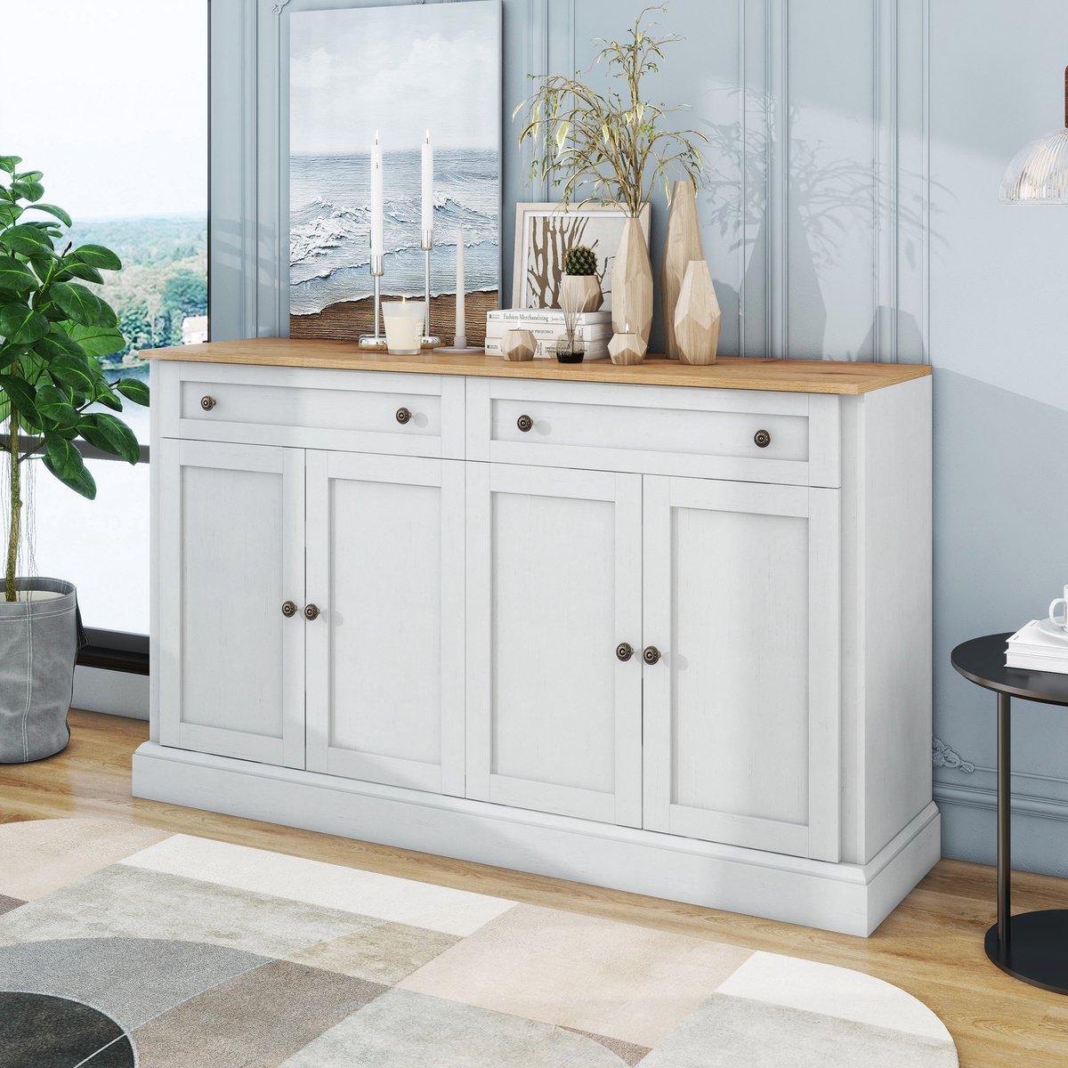 Clruro Sideboard - 150×86×40 cm - 4 Deuren + 2 Lades - Modern Buffetkast - MDF - Antiekwit/Naturel Natuurlijk Hout