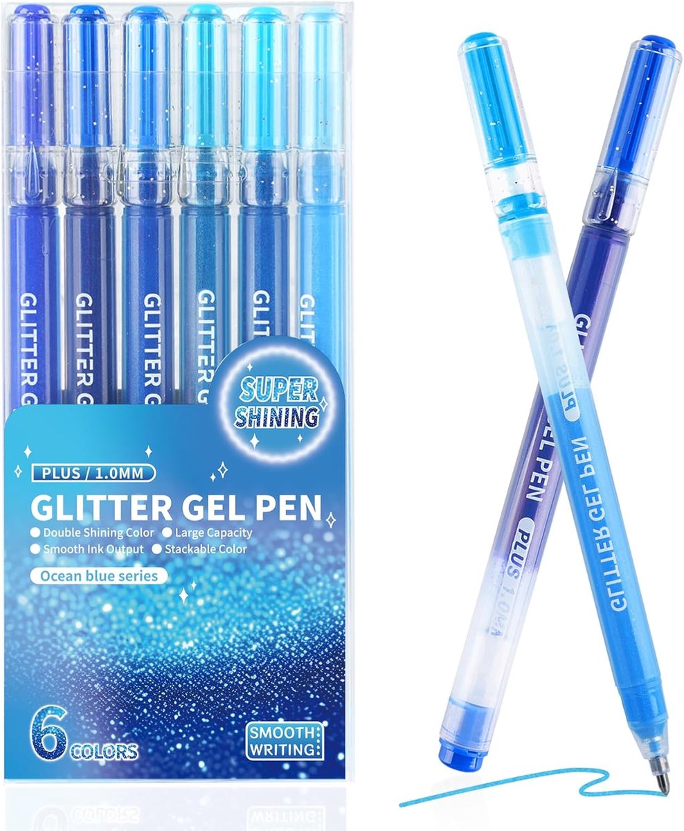 Namajunas - 6-delige Glitter Gelpennen Set – Gelpennen - Glitterpennen - Dubbele Glans Blauw Metallic – 1.0 mm – Grote Inktcapaciteit – Soepel Schrijven – Voor Volwassen Kleurboeken, Journaling, Tekenen & Creatief Werk