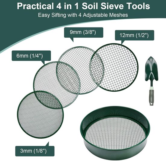 4-in-1 Tuinzeef Set - met 4 Verwisselbare Zeefinserts - 30 cm Rond Metaal Zeef - Mazen 3mm/6mm/9mm/12mm - Grondzeef - Zandzeef - Compostzeef - Grondzeef voor in de tuin - Inclusief Gardenschop en Handschoenen - Voor Aarde, Compost en Zand van Merkloos	 — afbeelding 5