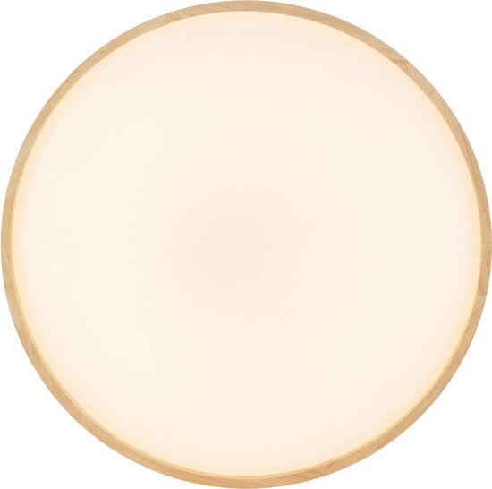 Ronde plafondlamp met een verlichte witte diffuser en houten rand.