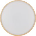 Ronde plafondlamp met een witte diffuser en een houten rand.