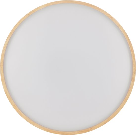 Ronde plafondlamp met een witte diffuser en een houten rand.