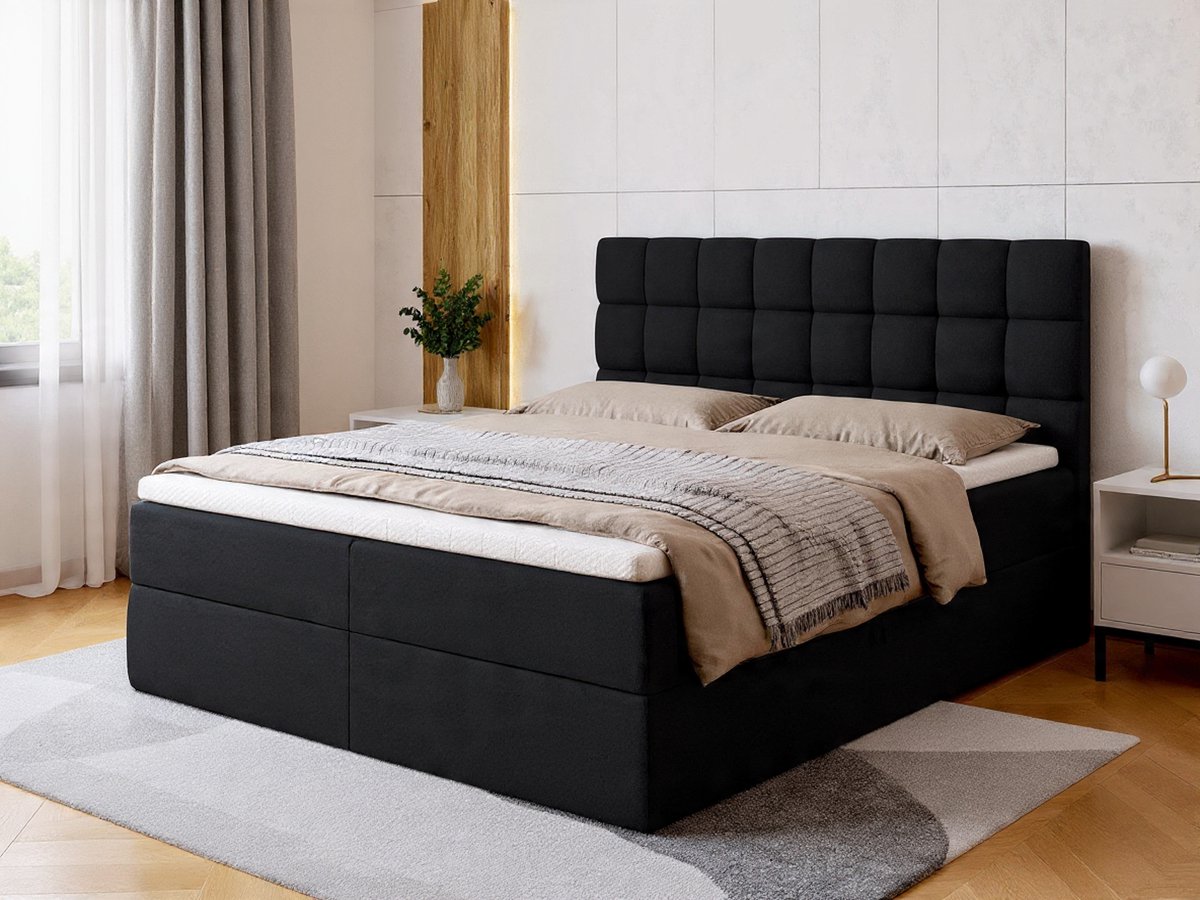 Dakota Luxe Boxspringbed 160x200 cm – Zwart Hotel Design Bed met Bonnell Veren Matras (18 cm) + T30 Schuim Topmatras, 2 Opbergruimtes met Gasveer, Modern Slaapbed met Hoofdbord –Novihome