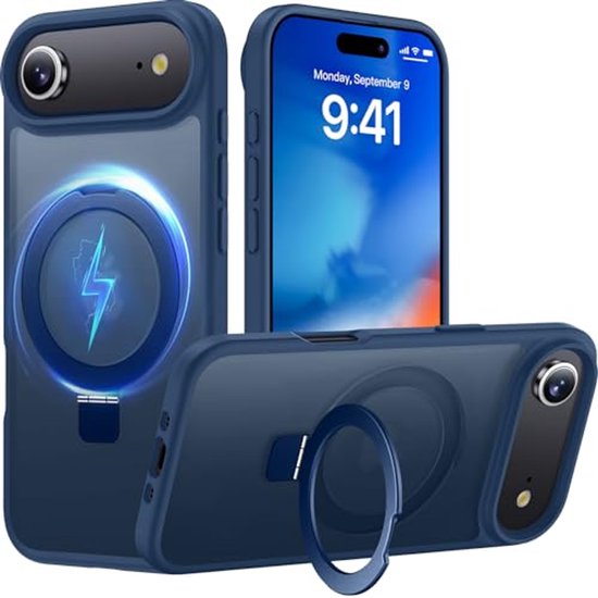Blauwe hoes met ringstandaard en MagSafe-logo op de achterkant, naast een iPhone.
