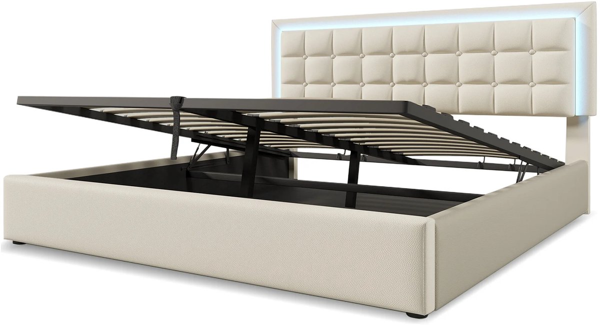 Gestoffeerd Tweepersoonsbed 180x200 cm met Opbergruimte en LED Verlichting – Luxe PU Lederen Bedframe met Hydraulische Bedbox en Lattenbodem – Modern Wit Design – 203 x 185 x 107 cm – Abkantoor