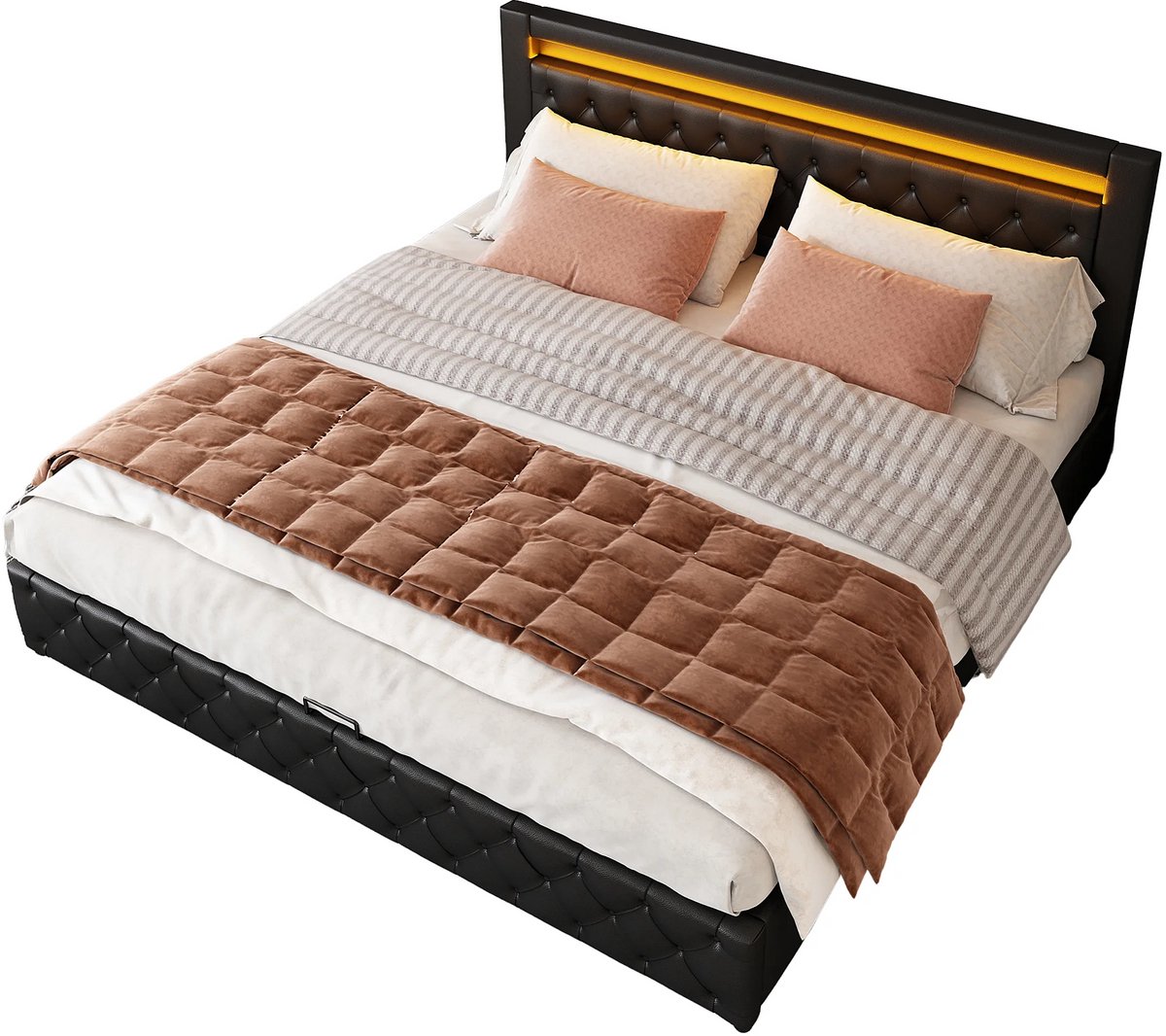 Gestoffeerd Tweepersoonsbed 180x200 cm met Opbergruimte en LED Verlichting – Modern PU Leren Bedframe met Lattenbodem – 207 x 182 x 100 cm – Zwart – Luxe Comfort Bed – Abkantoor
