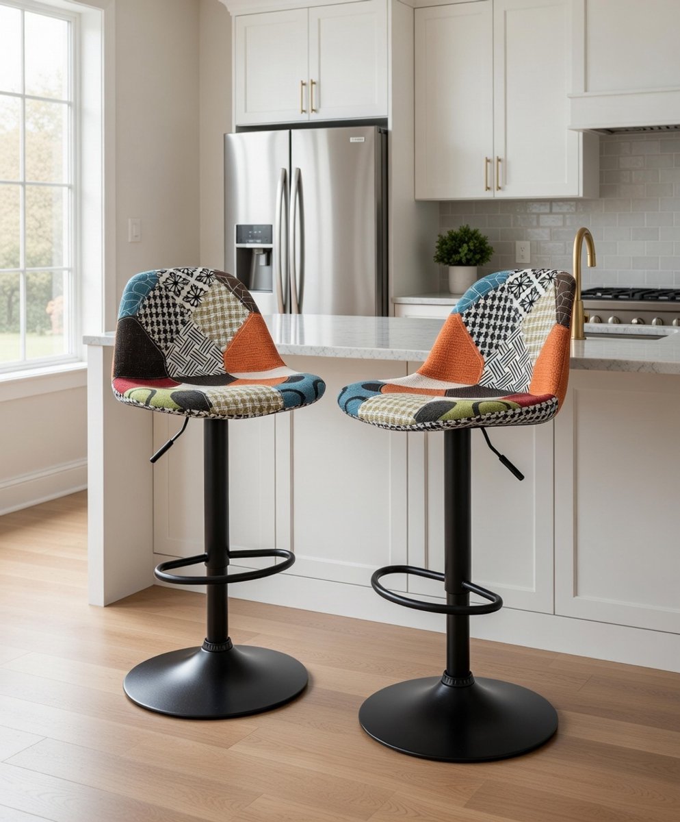 Set van 2 Verstelbare Barstoelen Patchwork L-vorm - Casa Serena - Stijlvolle Keukenstoelen met Metaal Frame en Polypropyleen Zitting - Modern Design - Duurzaam & Comfortabel - Perfect voor Keuken, ...