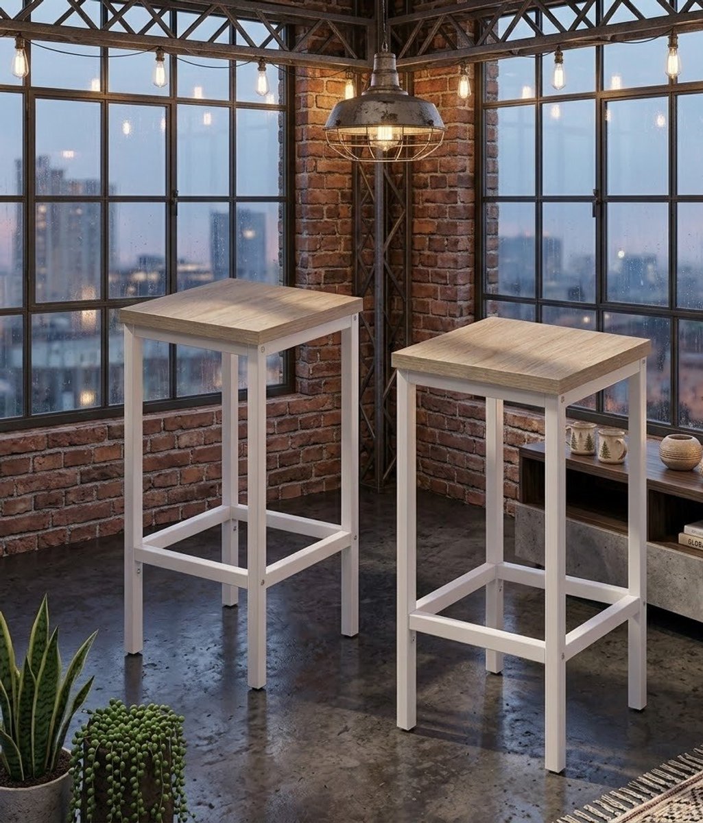 Industriële Barkrukken Set van 2 – 65 cm Zithoogte – Licht Eiken Houten Zitting & Zwart Metalen Frame – Stevige Barstoelen voor Keukeneiland, Bar, Eetkamer en Café | Casa Serena – 65 cm – Casa Dorada
