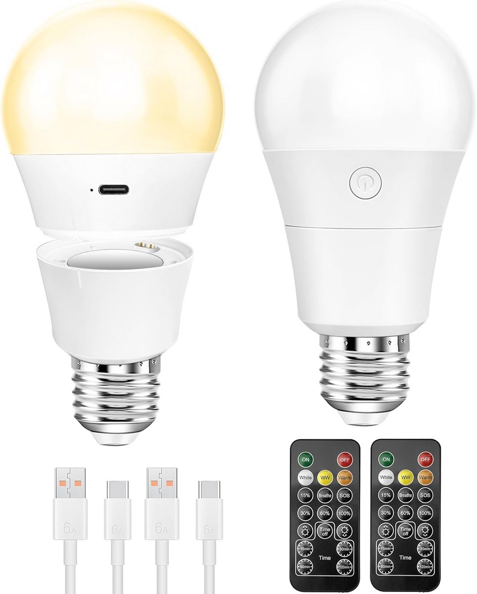 USB-C Lamp met Afstandsbediening en Timerfunctie - Dimbaar E27 LED - 3 Kleuren - 7W