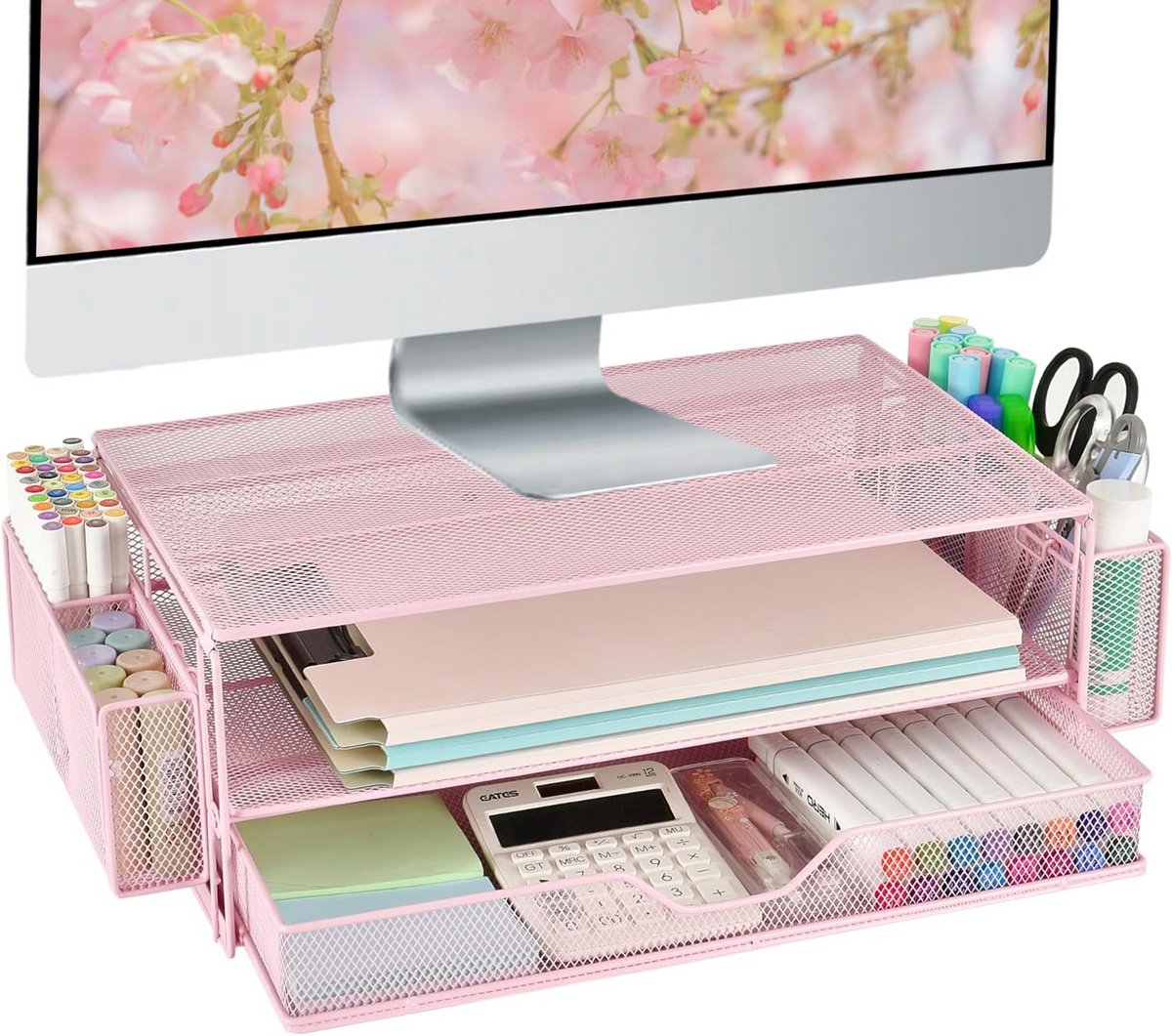 Bureauorganizer met 2 niveaus voor computermonitoren en kantooraccessoires