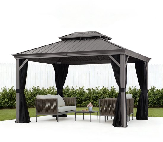 PURPLE LEAF Hardtop Aluminium Tuinpaviljoen – Dubbel dak – Hoogwaardige Gordijnen – Wind- en weerbestendig – Luxe Lichtgrijs