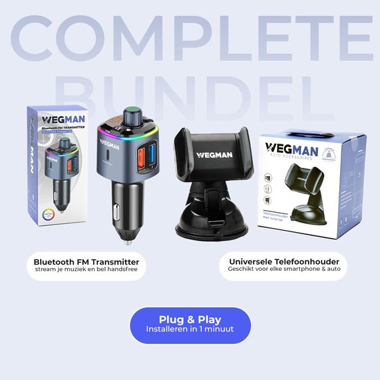 Compleet pakket: Wegman Bluetooth FM transmitter en universele telefoonhouder met zuignap.