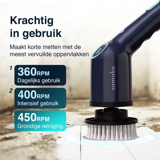 Close-up van de donkerblauwe Samako schrobborstel met witte borstels die vuil wegspuiten, tekst "Krachtig in gebruik".