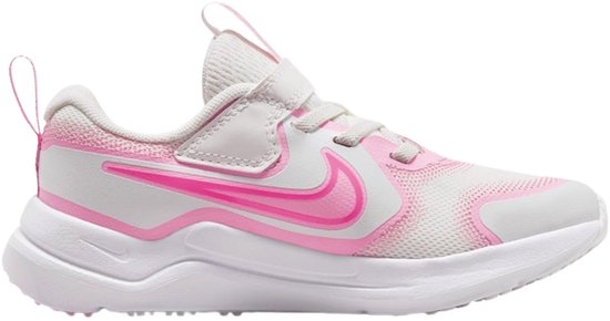 Wit met roze sneaker met roze Nike logo, klittenbandsluiting en de tekst 'RUNNING' op de zijkant.