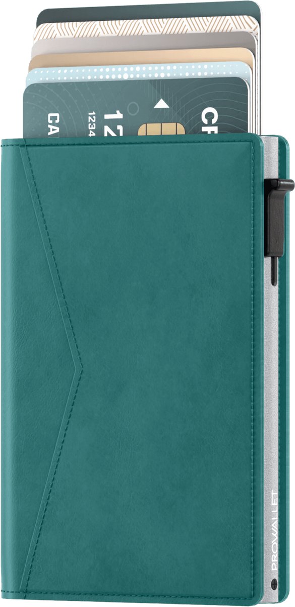 Prowallet Slim - Petrol - Pasjeshouder voor 8 pasjes en briefgeld - Uitschuifbaar - RFID Creditcardhouder - Kaarthouder Portemonnee, Premium Pashouder voor Mannen & Vrouwen - Aluminium, Kunstleer - Incl. Luxe Cadeaubox
