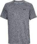 Donkergrijs gemêleerd Under Armour sportshirt met korte mouwen en zwart logo op de borst.