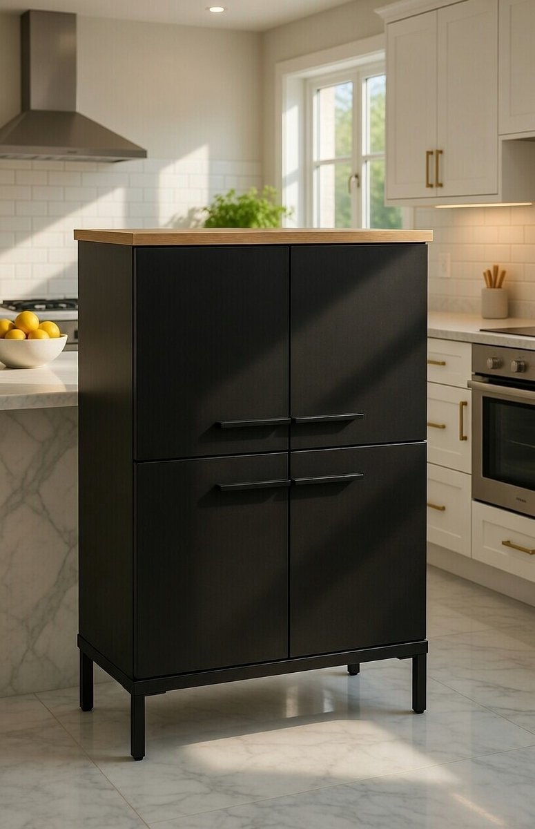 Moderne Commode Grafiet / Navarra Eiken – 4 Deurs Opbergkast, Verstelbare Planken, Duurzaam Meubel voor Woonkamer, Slaapkamer of Hal – 60 x 97 x 34 cm Novihome