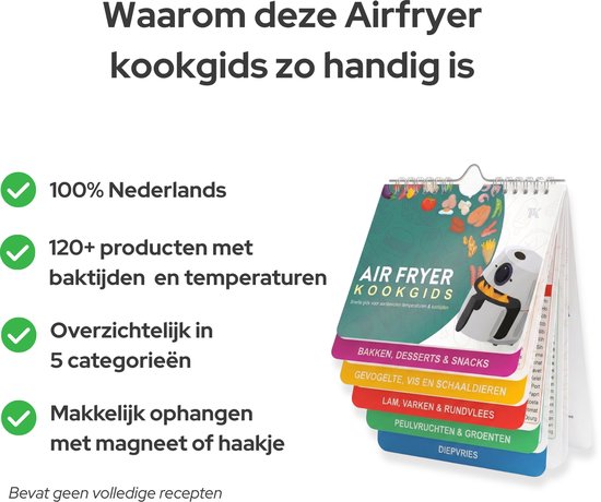 Lijst met voordelen van de airfryer kookgids, waaronder "120+ producten" en "Magnetisch". Airfryer kookgids is zichtbaar.
