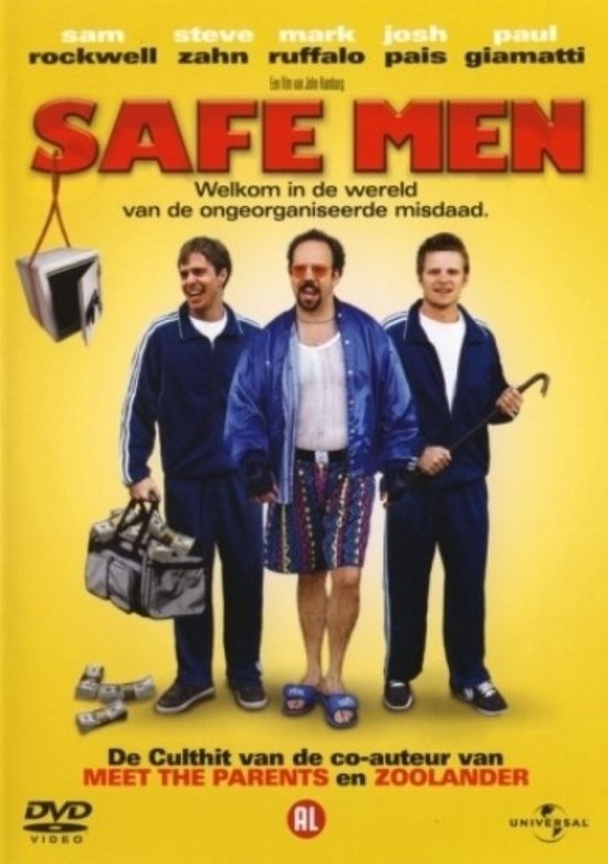 Drie mannen in trainingspakken, twee met gereedschap, één met geldtas. De film 'Safe Men' met tekst.