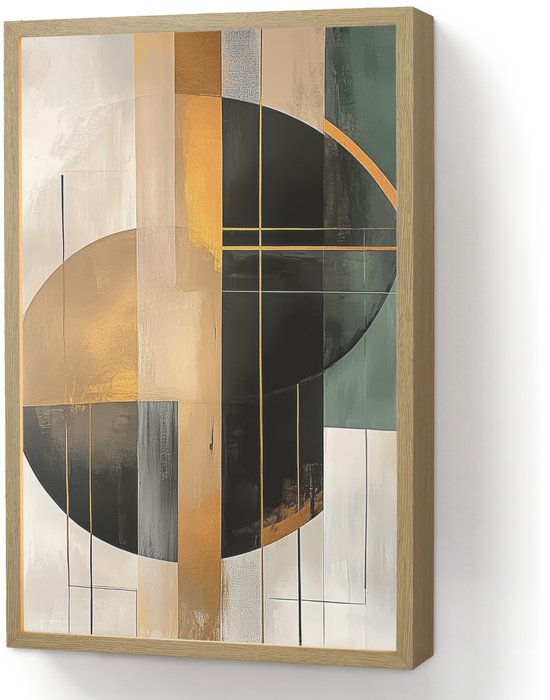 Tableau abstrait avec cercles et rectangles dorés, bronze, verts et gris dans un cadre en bois.