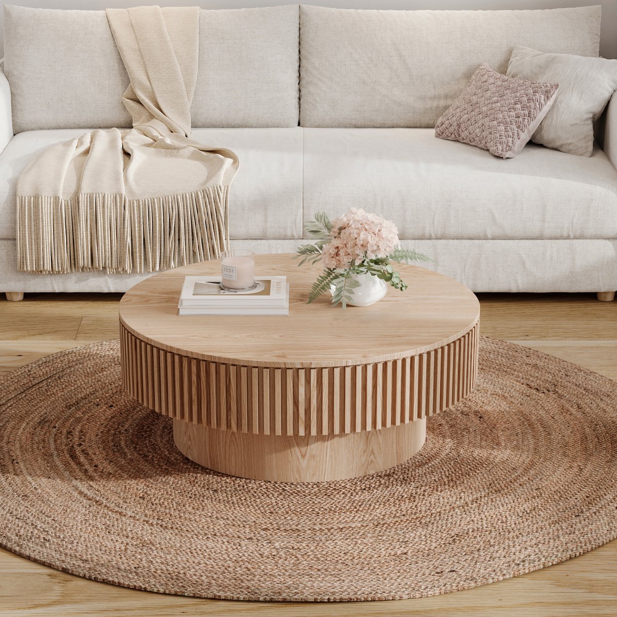 Wishdor Ronde salontafel met opbergruimte - Modern design - Houtlook met fineer - Natuurlijk hout - Verborgen opbergvak - Voor woonkamer en kantoor - 75 cm