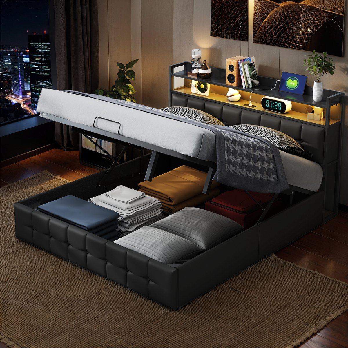 ROSAHQNDA Gestoffeerd bed 160 x 200 cm met LED-verlichting en USB-oplaadpoorten, hydraulisch tweepersoonsbed met opbergruimte, PU-leer, houten latten, grijs grijs-PU