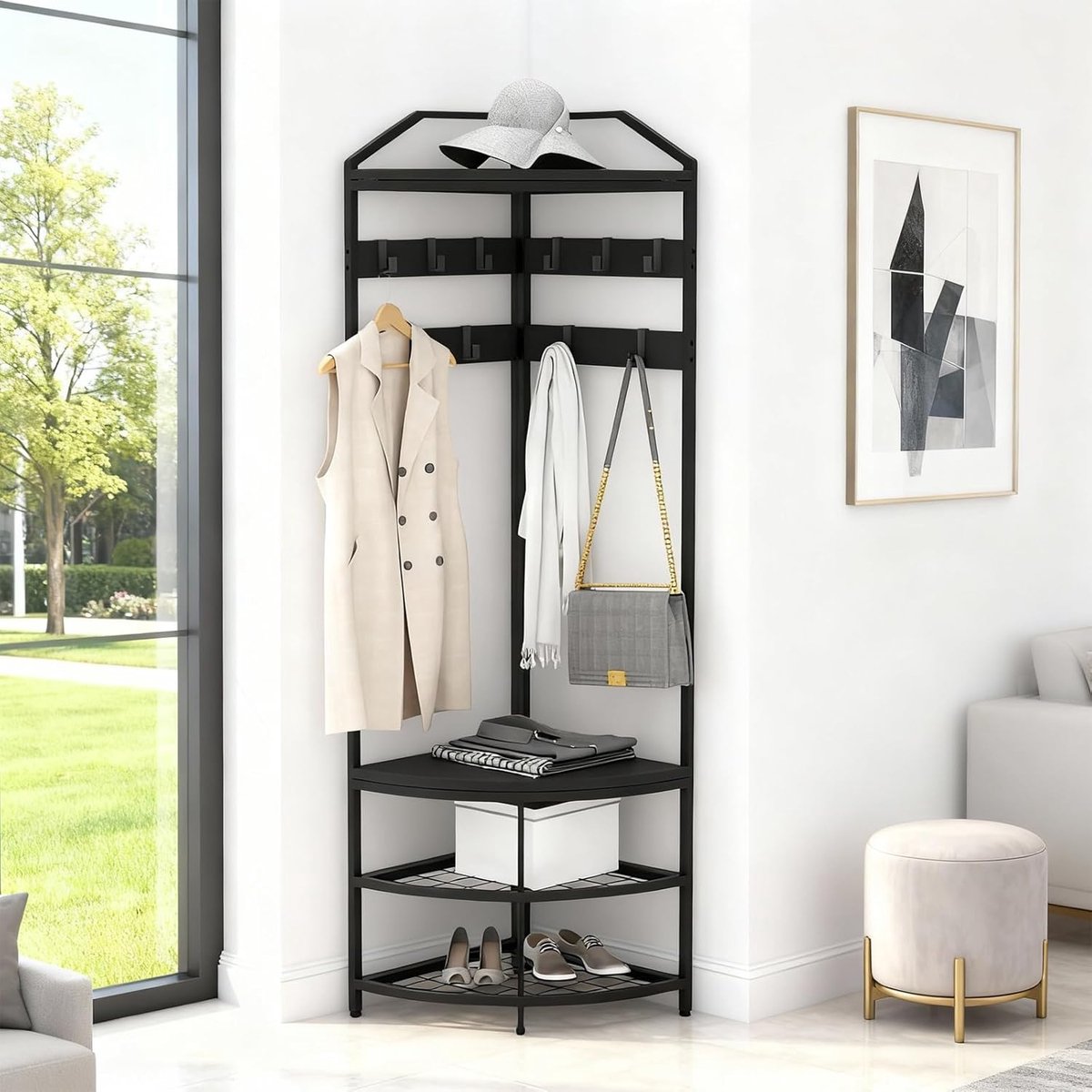 2-in-1 Hoekkapstok met Schoenenrek - Vrijstaand Metalen Kledingrek voor Hal & Slaapkamer - Kapstokmeubel - 181 cm Hoog - Zwart