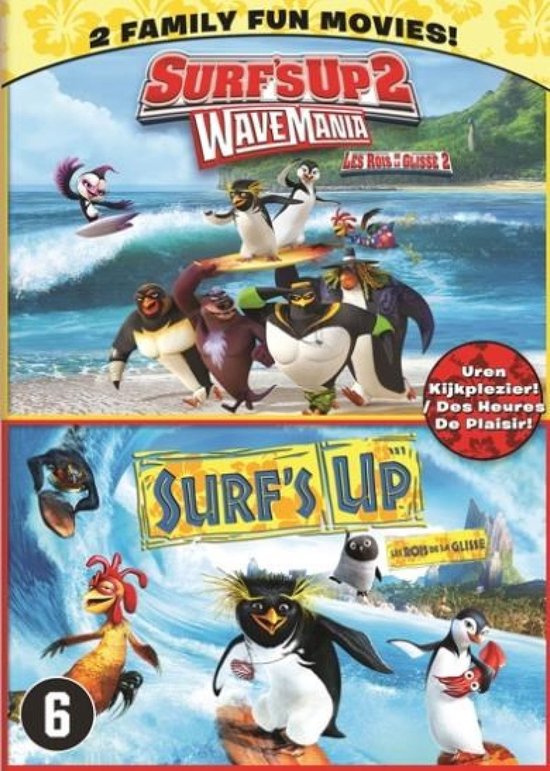 DVD-hoes voor 'Surf's Up 2 Wavemania' en 'Surf's Up'. Met pinguïns op surfplanken en een haan.