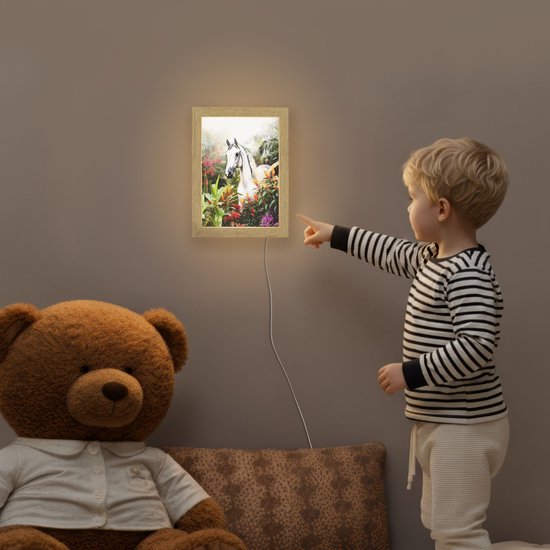 Nachtlampje 15x20 cm - Kinder lamp - Paard - Wit - Bos - Bloemen - Planten - Tafellamp kinderkamer - Slaapkamer lamp - Bedlamp kinderen - Kinderlampje stopcontact - Wandlamp babykamer - Nachtlampjes van Merkloos — afbeelding 5