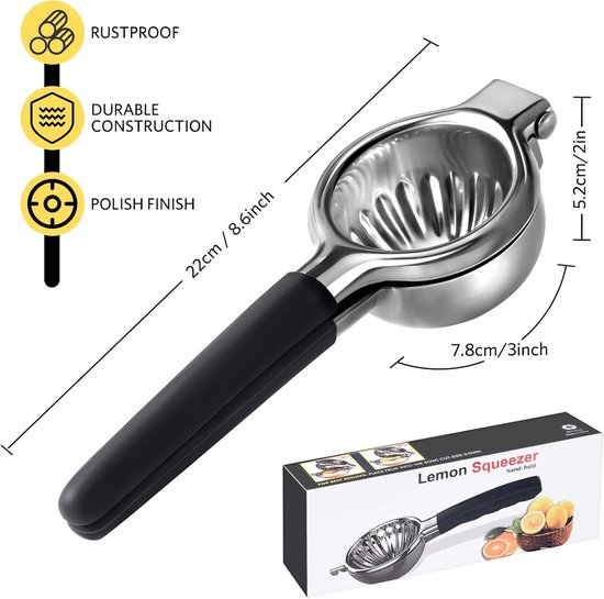 Citruspers Handmatig RVS – Citroenpers – Limoenpers – Fruitpers - Handmatige Citroenpers - Lemon squeezer - Citrusknijper - Zwart van COOAU — afbeelding 5