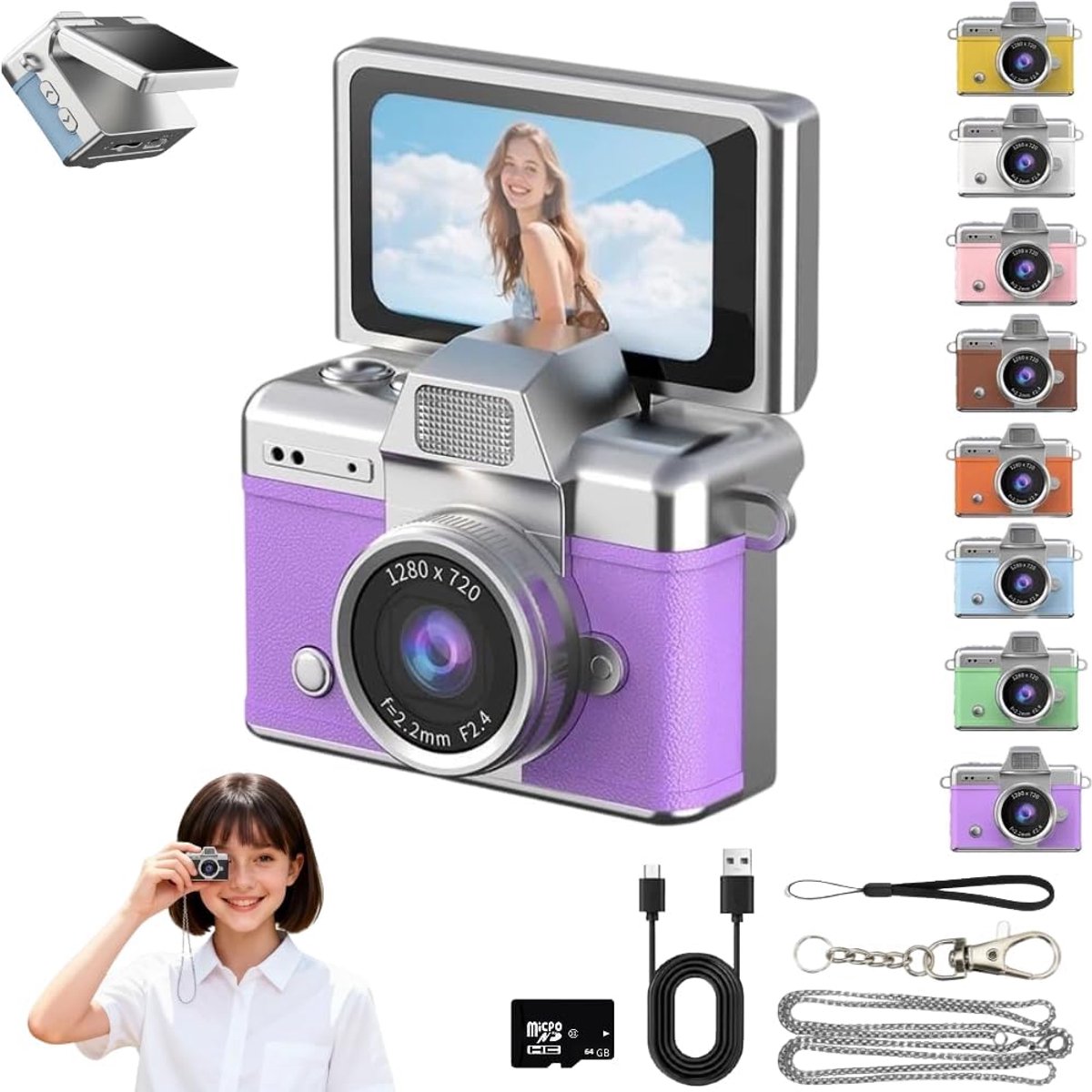 Fotocamera - Compact Camera - Voor Kinderen - Retro-Mini-Digitale-Camera - Sleutelhanger-Camera - 1080P-Full-HD - 0.96-Inch-IPS-Scherm - Inclusief-64GB-Kaart - 6-Filters - Vakantiecadeaus - Paars