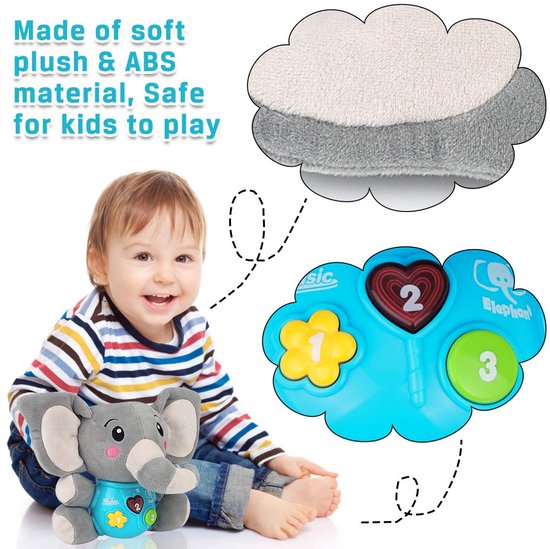 Pluche olifant muziek baby speelgoed 0 tot 6 maanden, schattige knuffel dieren lichtgevende baby speelgoed pasgeboren baby muziek speelgoed voor baby's jongens en meisjes peuters 6 tot 12 maanden — afbeelding 5