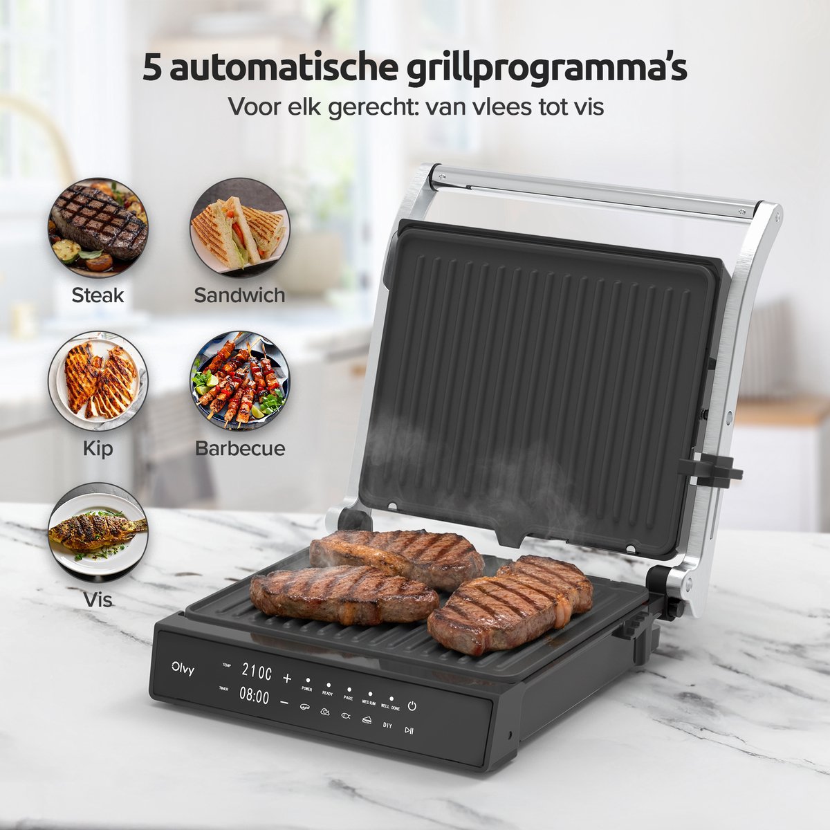 Olvy Contactgrill XL - Uitneembare PFAS-vrije platen - 180º Uitklapbaar - Vaatwasserbestendig - Met Temperatuurregeling - Panini - Croque Monsieur Toestel - Grill Apparaat - Tosti Ijzer - Apparaten — cadeau in Kookcadeaus - foto 2
