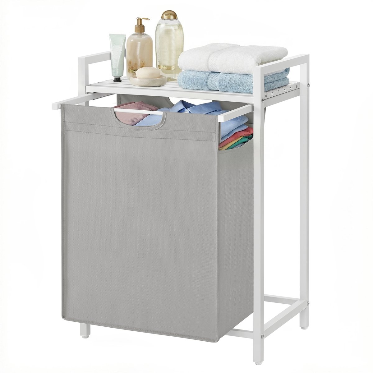 VASAGLE BLH101W03 - Wasmand met Opbergvak - Wassen Zak - Stevig Oxford Weefsel en Metalen Frame
