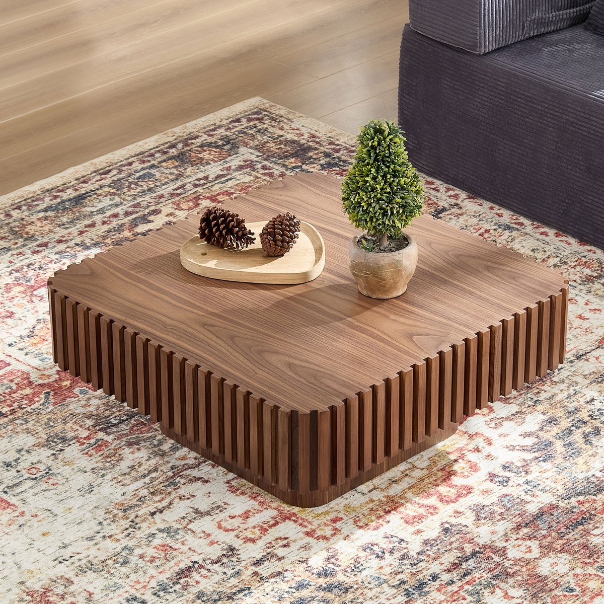 REDOM - Salontafel - Vierkant - Vaste constructie - Houten rand met groefdesign - Moderne stijl - Woonkamer - MDF en hout - Walnootkleur - 80 x 80 x 35 cm