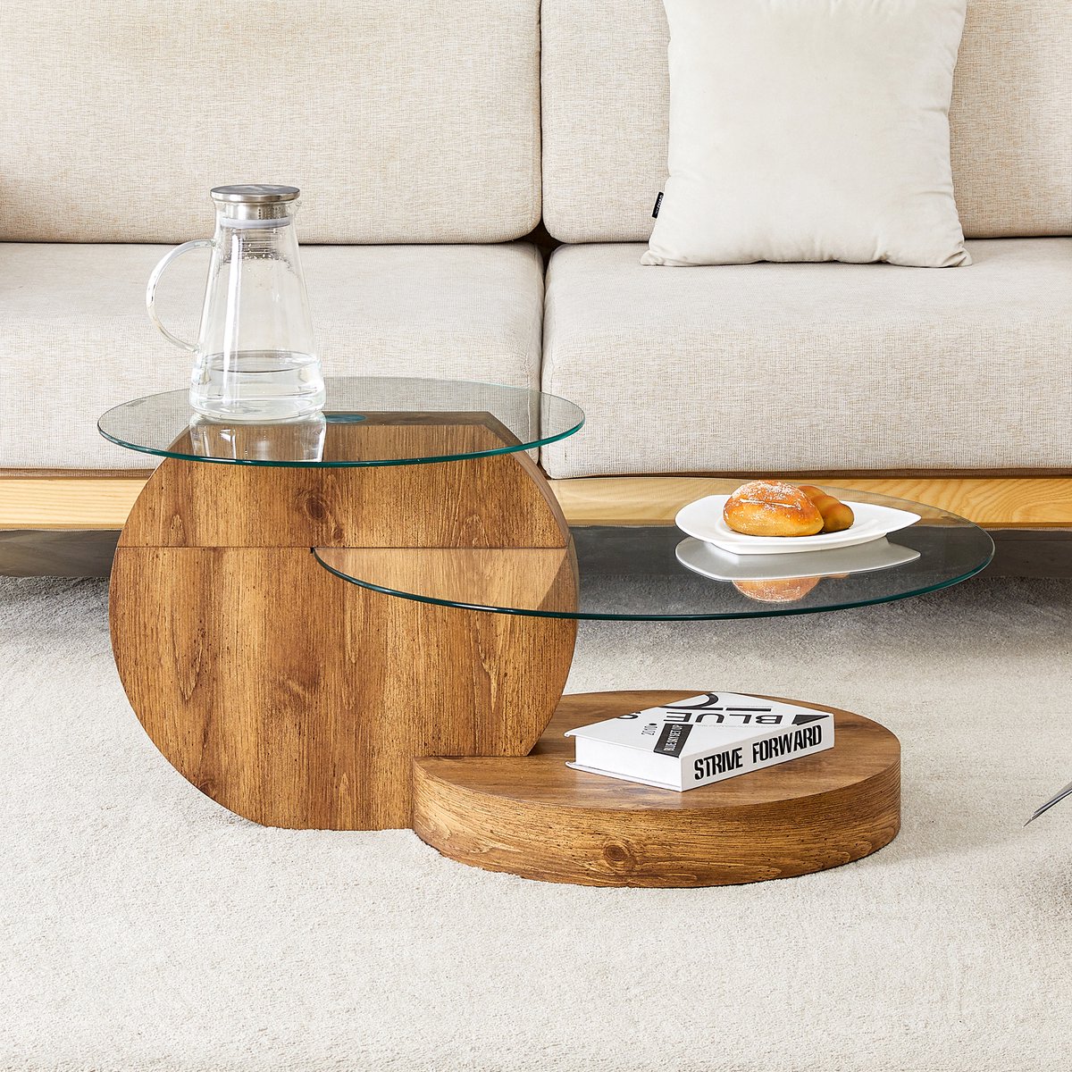 REDOM Salontafel - Gehard glazen tafelblad - Meerlaags design - 3-delige set - Modern - Woonkamer - MDF en glas - Transparant en hout - 89,9 x 69,9 x 43,2 cm