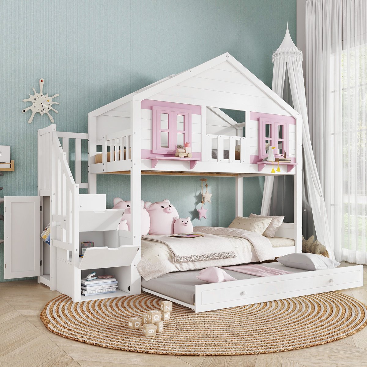 Stapelbed met Uitschuifbed, Kinderbed 90x200cm, Kledingrek, met Mooie ramen en Dak, Stevige Lattenbodem, Grenen + MDF + Multiplex, Wit + Roze