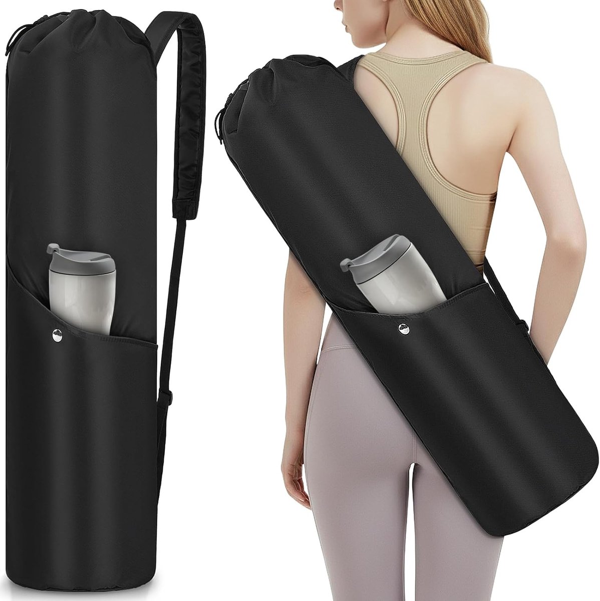 Yogamattentas - Sporttas - Meenemen naar les - Waterdicht met opbergvakken - 30'' L x 9'' Dia - Zwart