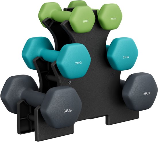 Dumbbellrek met groene (1 kg), blauwe (2 kg) en zwarte (3 kg) dumbbells. Zeshoekige vorm.
