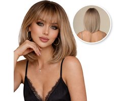 SassyGoods Bruine Pruik Bruin - Pruiken Dames Half Lang Haar Steil - Wig - Haarwerk - Wasbaar - Donker Blond - 30 cm