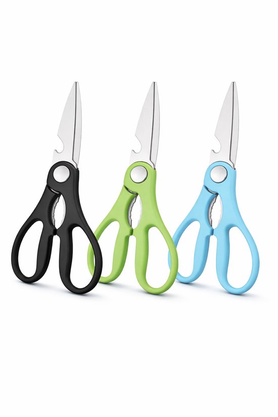 Drie multifunctionele keukenscharen in het zwart, groen en blauw, met RVS lemmet en flesopener.
