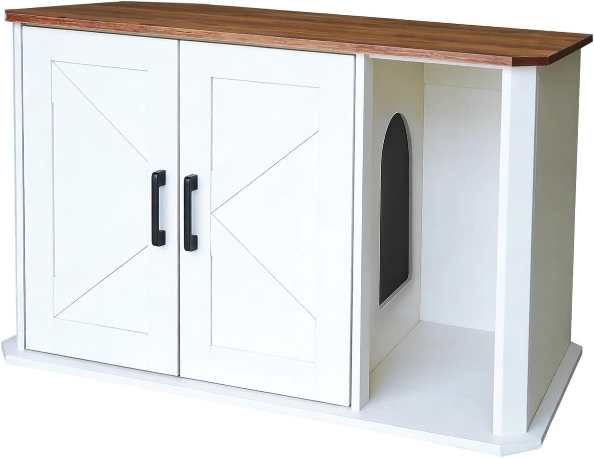 kattenbak ombouw - Kattenbakombouw van Hout - Kattenkast met Dubbele Deuren - Kattenhuis & Bijzettafel - wit en bruin - 85 x 48 x 50 cm van HOERFURIY