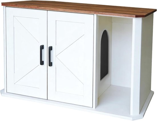 kattenbak ombouw - Kattenbakombouw van Hout - Kattenkast met Dubbele Deuren - Kattenhuis & Bijzettafel - wit en bruin - 85 x 48 x 50 cm