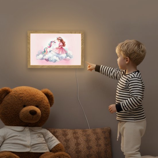 Nachtlampje 30x20 cm - Kinder lampje - Eenhoorn - Prinses - Unicorn - Roze - Wolken - Tafellamp kinderkamer - Slaapkamer lamp - Bedlamp kinderen - Kinderlampje stopcontact - Wandlamp babykamer - Nachtlampjes van Merkloos — afbeelding 5